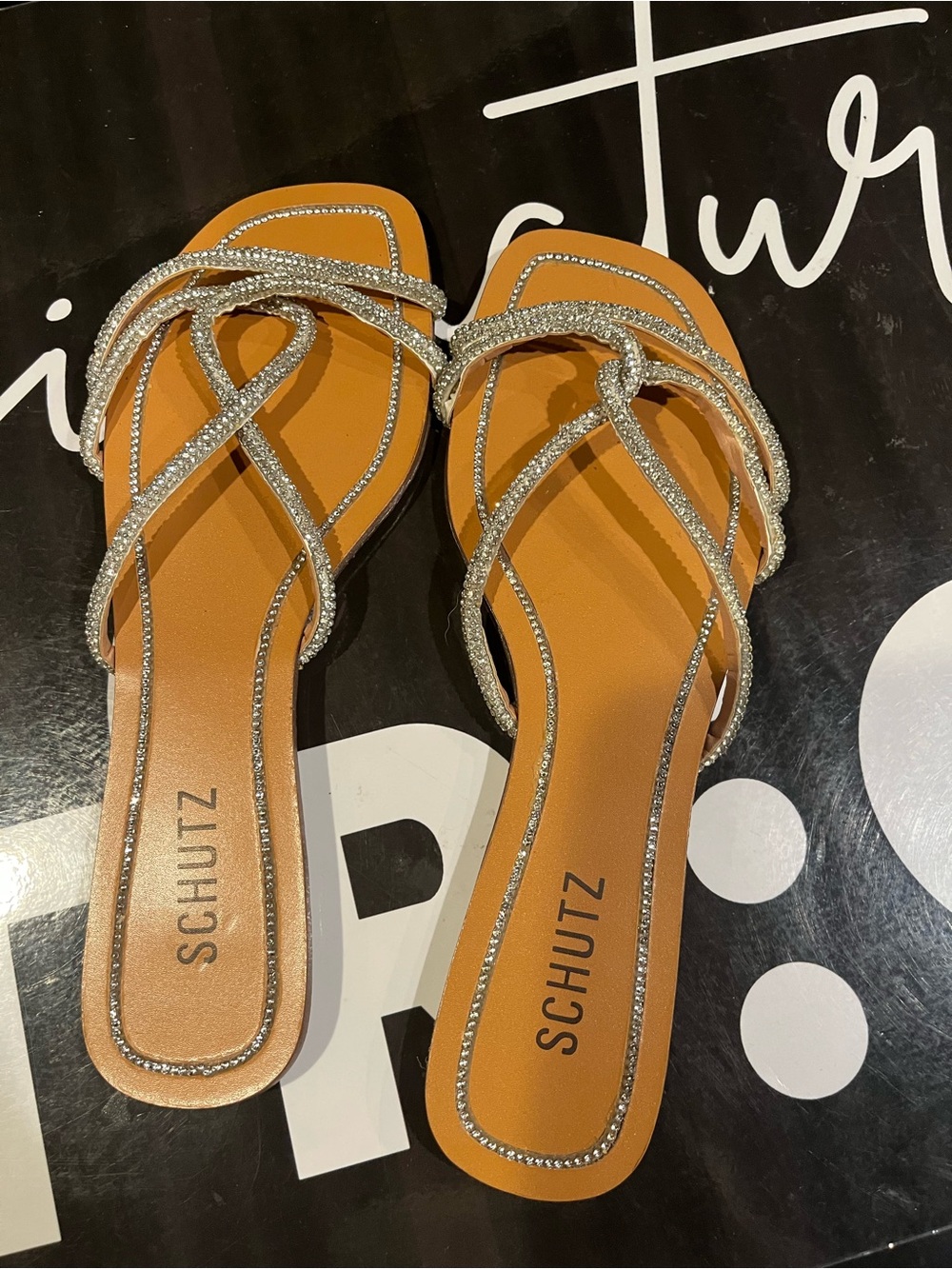 SCHUTZ Tan Slide On Sandals with Sparkling Silver Straps Size 8.5 New